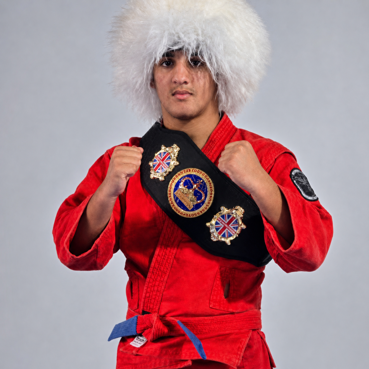 Coach Yannick Nnouka in red sambovka and traditional papakha holding a championship belt