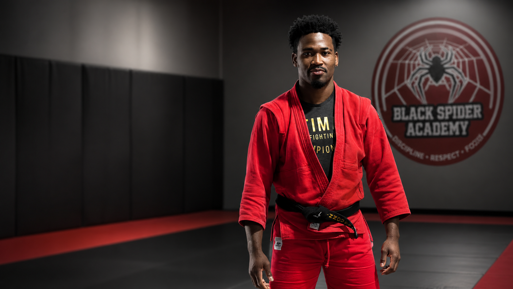 Yannick Nnouka standing in front of the Black Spider Academy logo wall